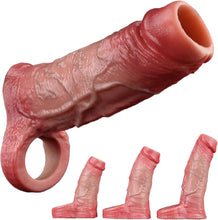 Laden Sie das Bild in den Galerie-Viewer, Flüssigsilikon Realistische Penishülle mit Hodenring und Venenstruktur Penismanschetten Cock Sleeve für Penisvergrößerung und Zeit Verlängern Penis Sleeve Extrem Sexspielzeug für Männer