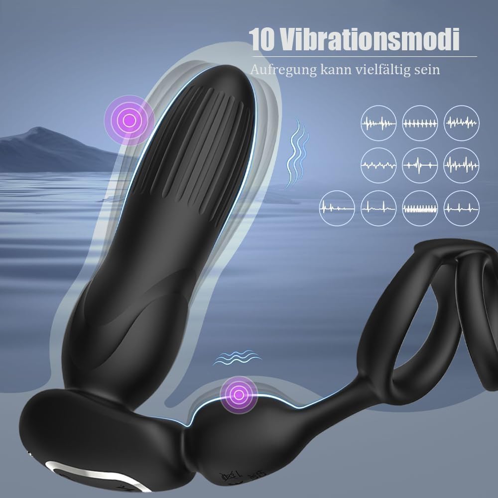 10 Modes Vibrators for Men - 4-in-1 Prostate Stimulation with Ring, Butt Plug and Dildo Vibrator - IPX6 Waterproof Sex Toy for Men with Shock Function