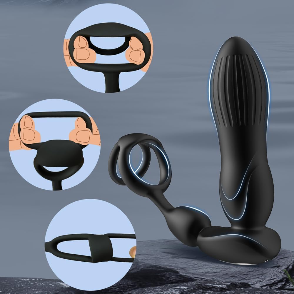 10 Modes Vibrators for Men - 4-in-1 Prostate Stimulation with Ring, Butt Plug and Dildo Vibrator - IPX6 Waterproof Sex Toy for Men with Shock Function