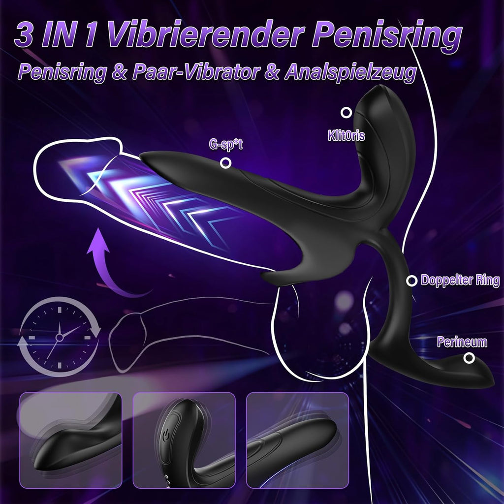 Penisring Vibrator Sex Spielzeug für Paare - 3 in1 Dual Cockring Sexspielzeug für die Männer Paare Extrem Sex für Penis Hoden mit 9 Vibrationsmodi, Vibration für Frauen Prostata Stimulation Männer