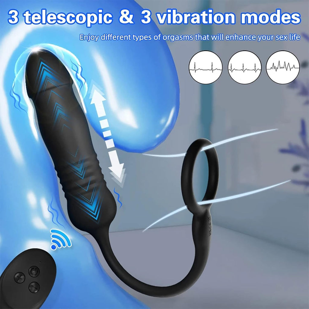 Männlicher Prostata Stimulator Massagegeräte Analvibratoren mit Penisring Fernbedienung Teleskop Vibrator mit 3 Vibrationsmodi+3 Schubmodi Analplug Dildo Sexspielzeug für Männer