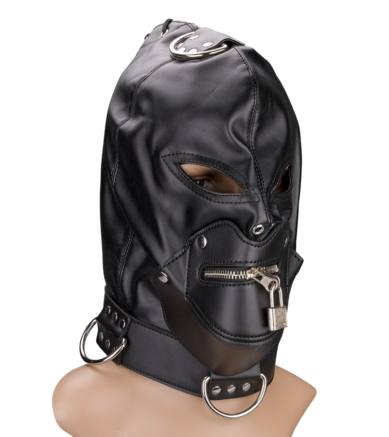 BDSM-Kopfmaske mit Reißverschluss am Mund und Schloss