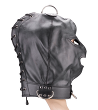 Laden Sie das Bild in den Galerie-Viewer, Bondage-Haube aus Kunstleder mit drei Öffnungen und Ringen