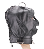 Bondage-Haube aus Kunstleder mit drei Öffnungen und Ringen