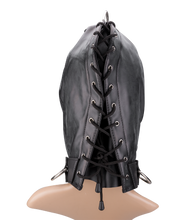 Laden Sie das Bild in den Galerie-Viewer, Bondage-Haube aus Kunstleder mit drei Öffnungen und Ringen