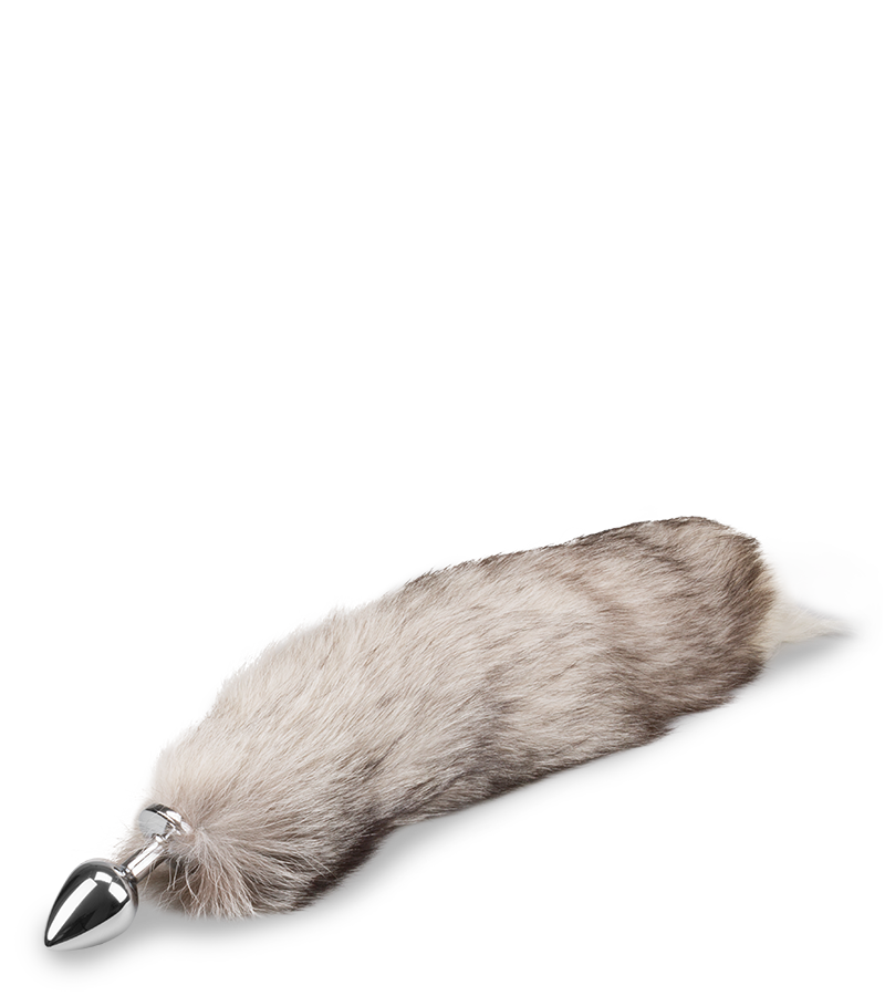 Grau-weißer Fuchsschwanz-Buttplug mit echtem Fell