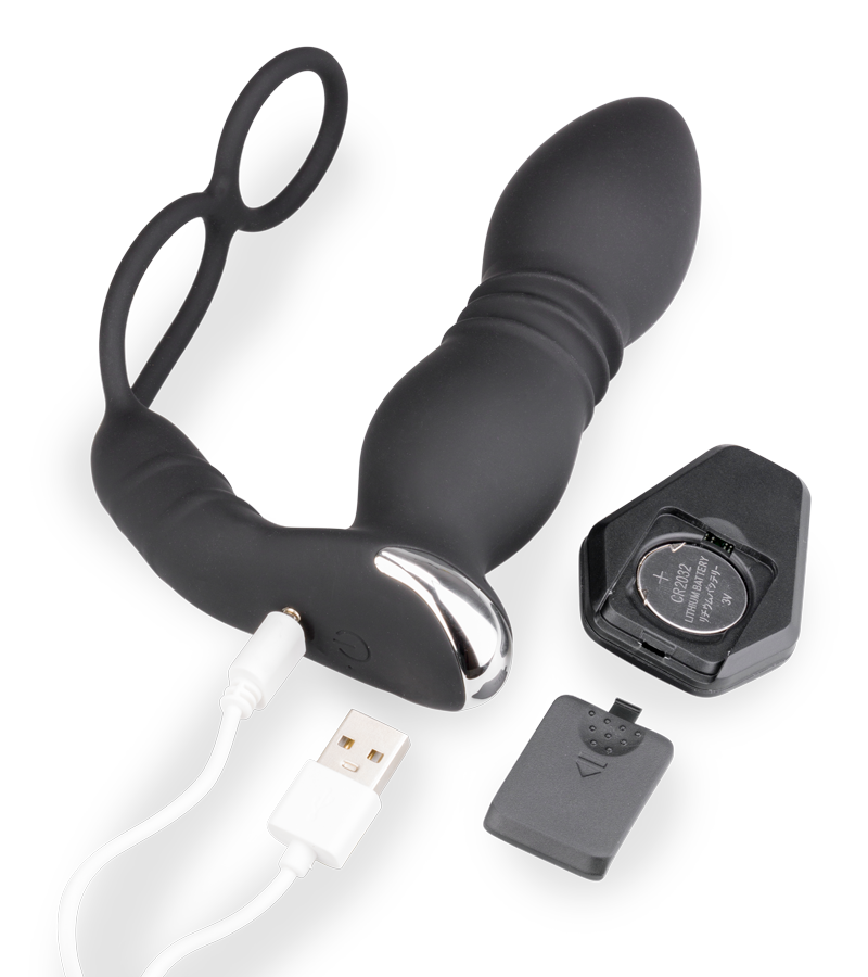 Vibrierender Analplug mit Stoßfunktion und Doppel-Cockring Paolo